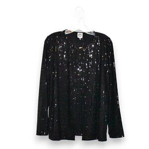 Anne Klein Long Sleeve Sequence Faux Double Shirt Top Black Size S
